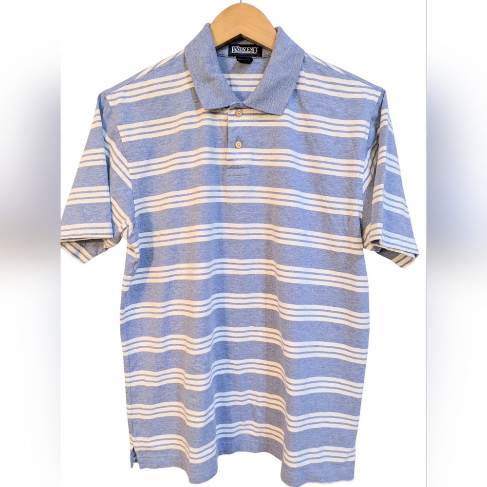 Lands' End Cotton Polo Shirt‎ Men's Size Medium M (38-40) Blue and white stripe